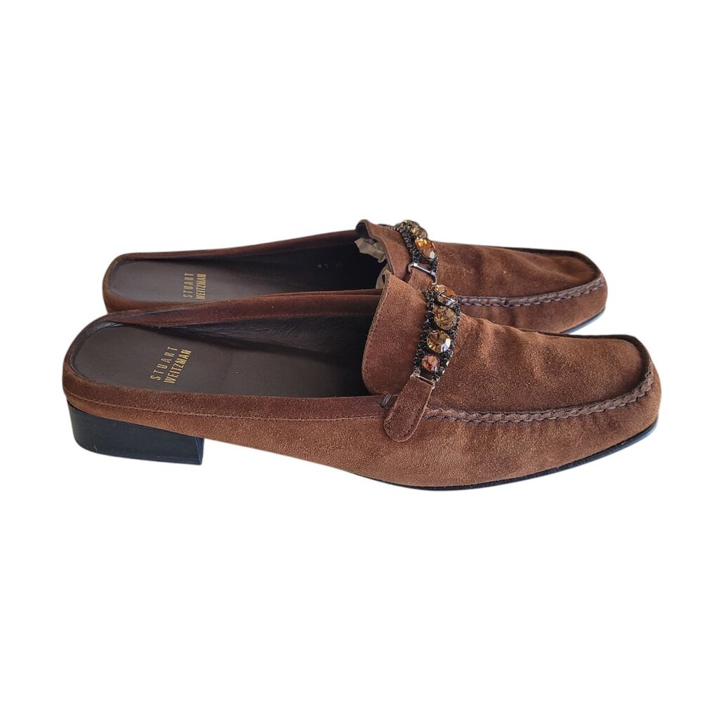 Stuart Weitzman Brown Suede Square Toe Slip On Loafers Embellished with Jewels